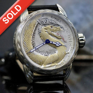 Hand Engraved Steel case -Fine Silver Dragon Dial