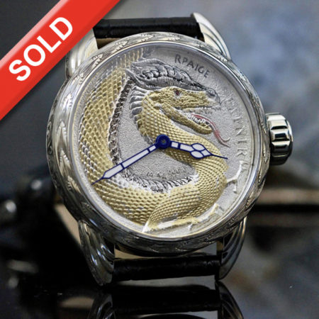 Hand Engraved Steel case -Fine Silver Dragon Dial